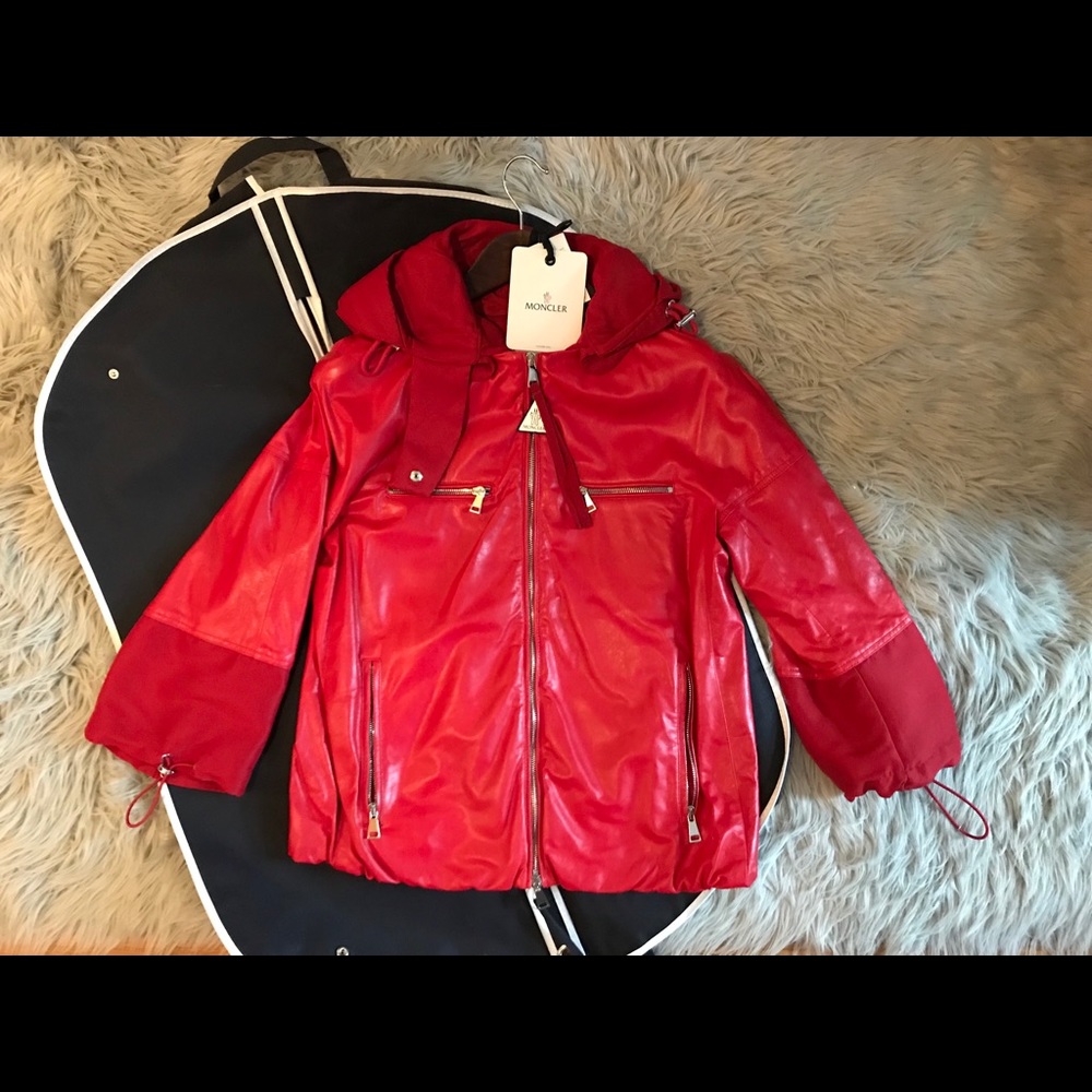Moncler Women SS’18 Perle Red Leather Jacket Sz 1